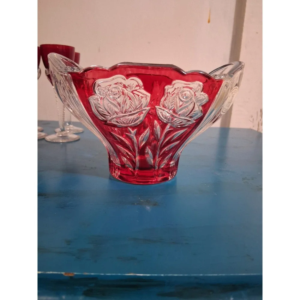 Crystal Clear Ruby Red Flash Rose Frosted Lead Crystal Bowl Made in Germany